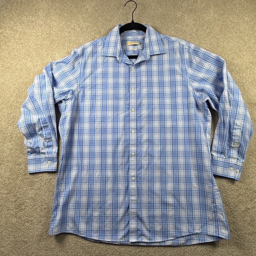 Michael Kors Mens Blue White Plaid Non Iron Button Down Shirt 16.5 32/33